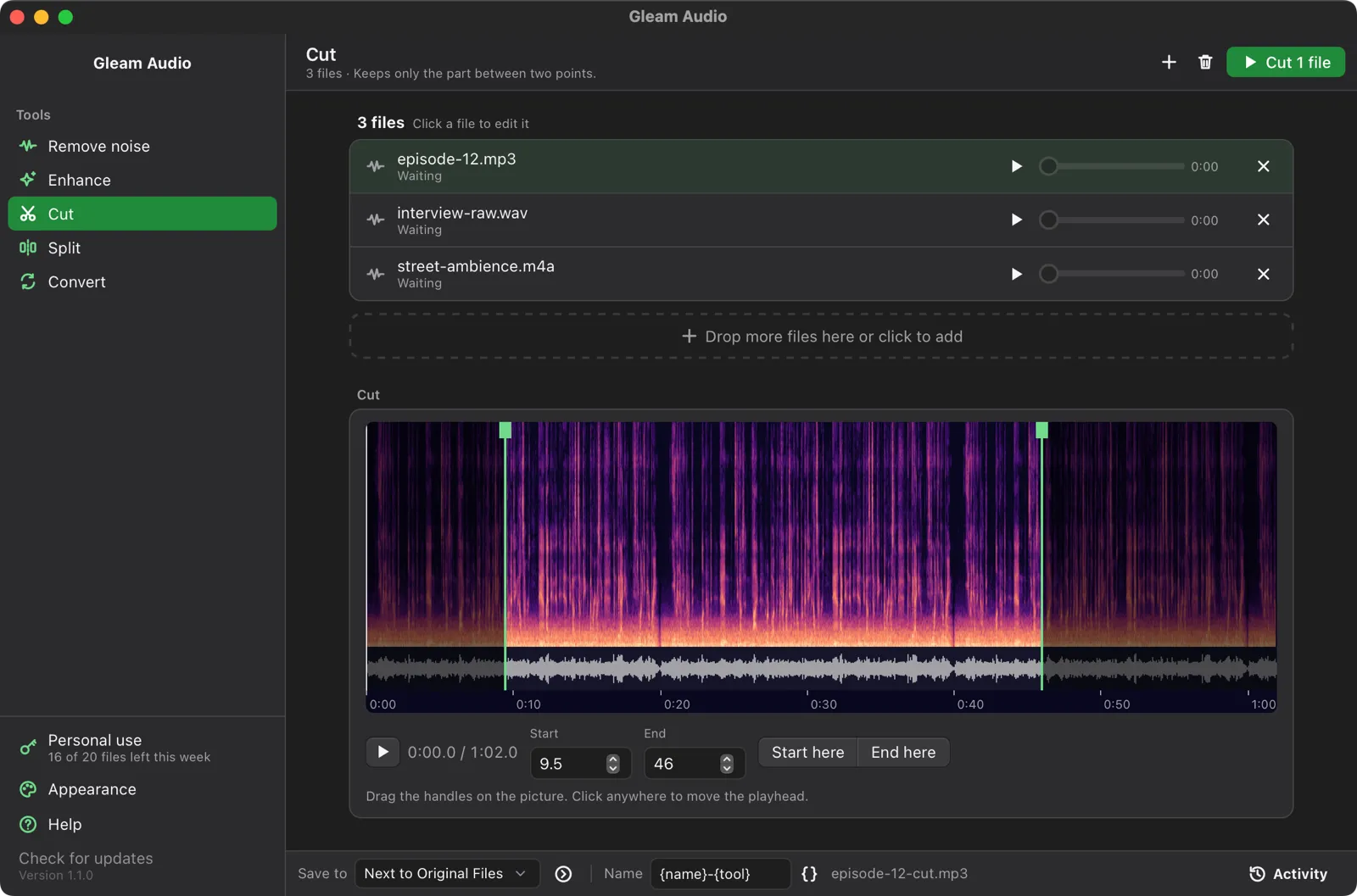 Cutting a recording on its waveform, in the dark theme
