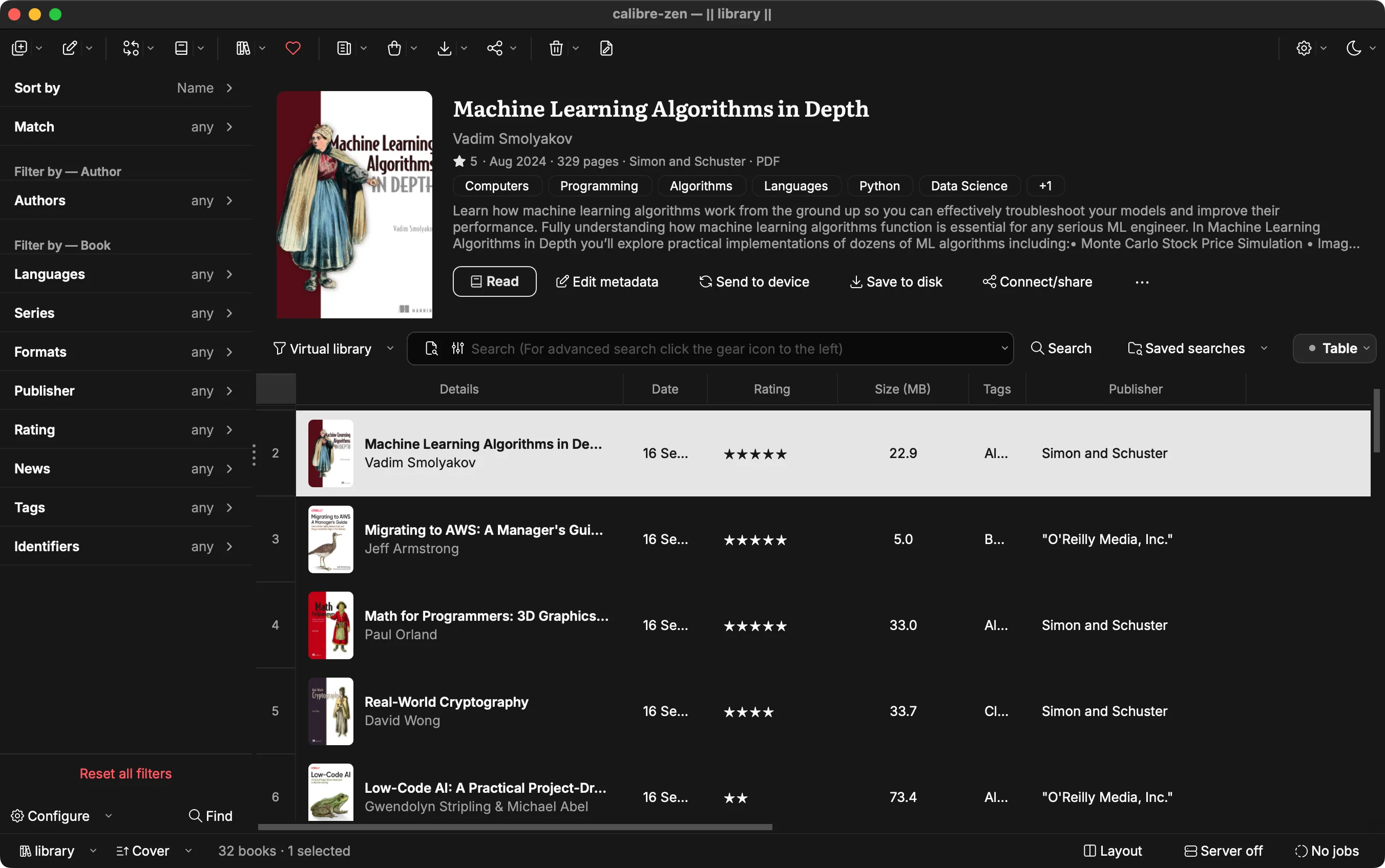 The Calibre Zen library in the dark theme