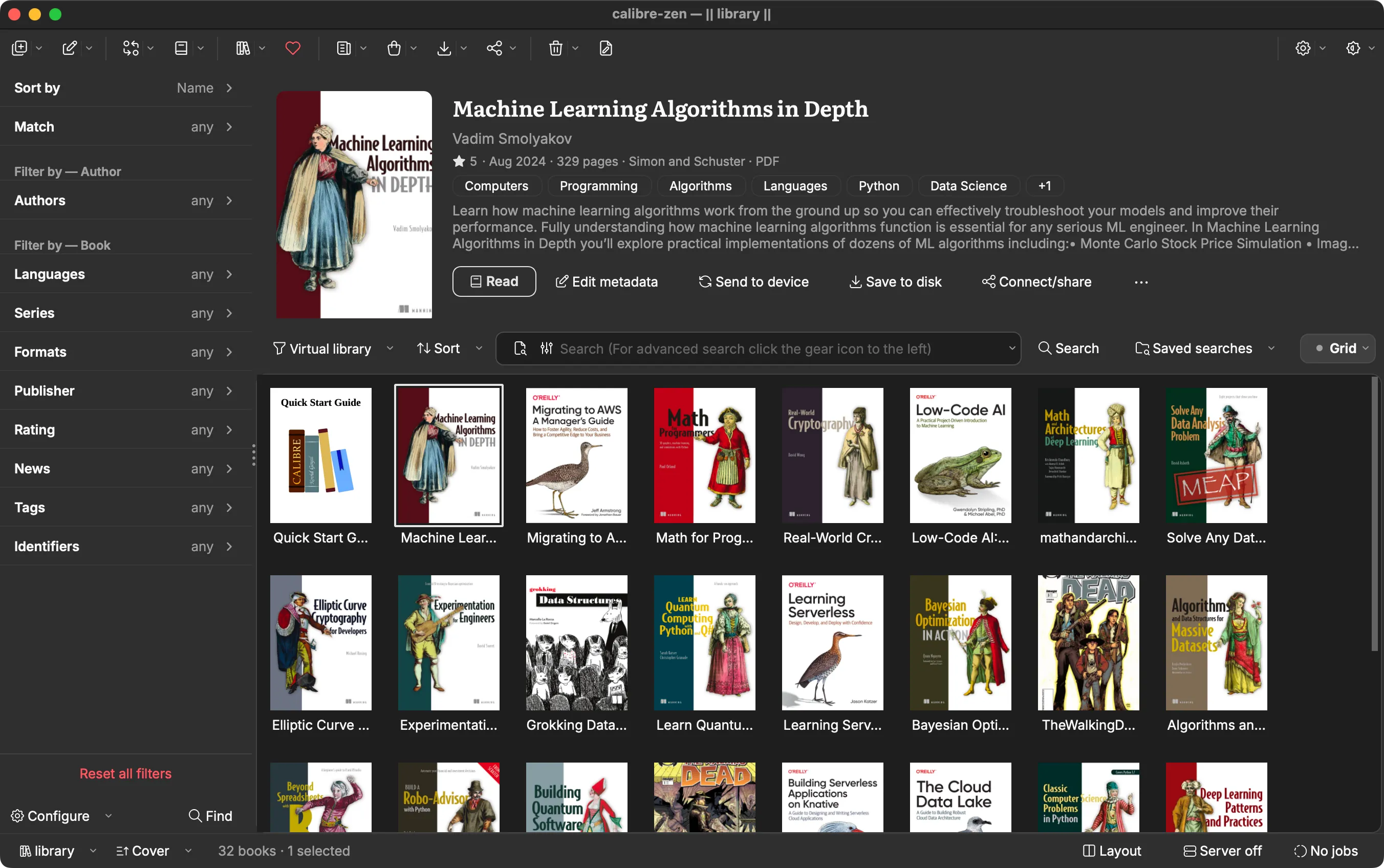 The Calibre Zen library in the dim theme