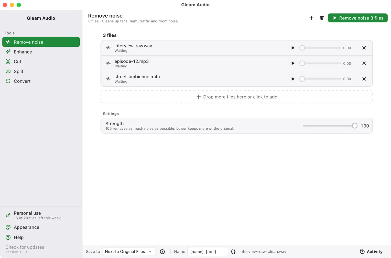 Gleam Audio removing noise from three recordings
