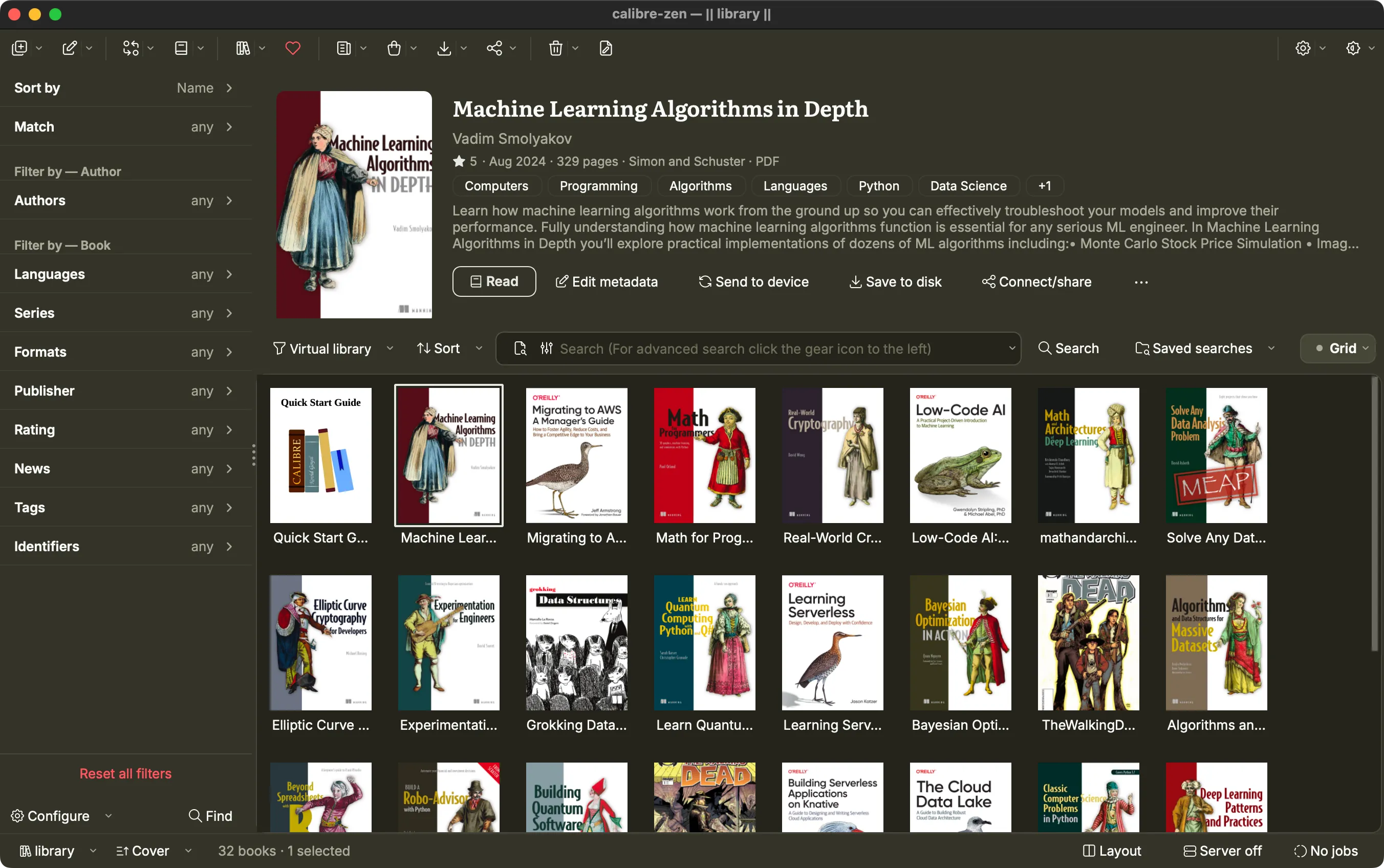 The Calibre Zen library in the olive theme