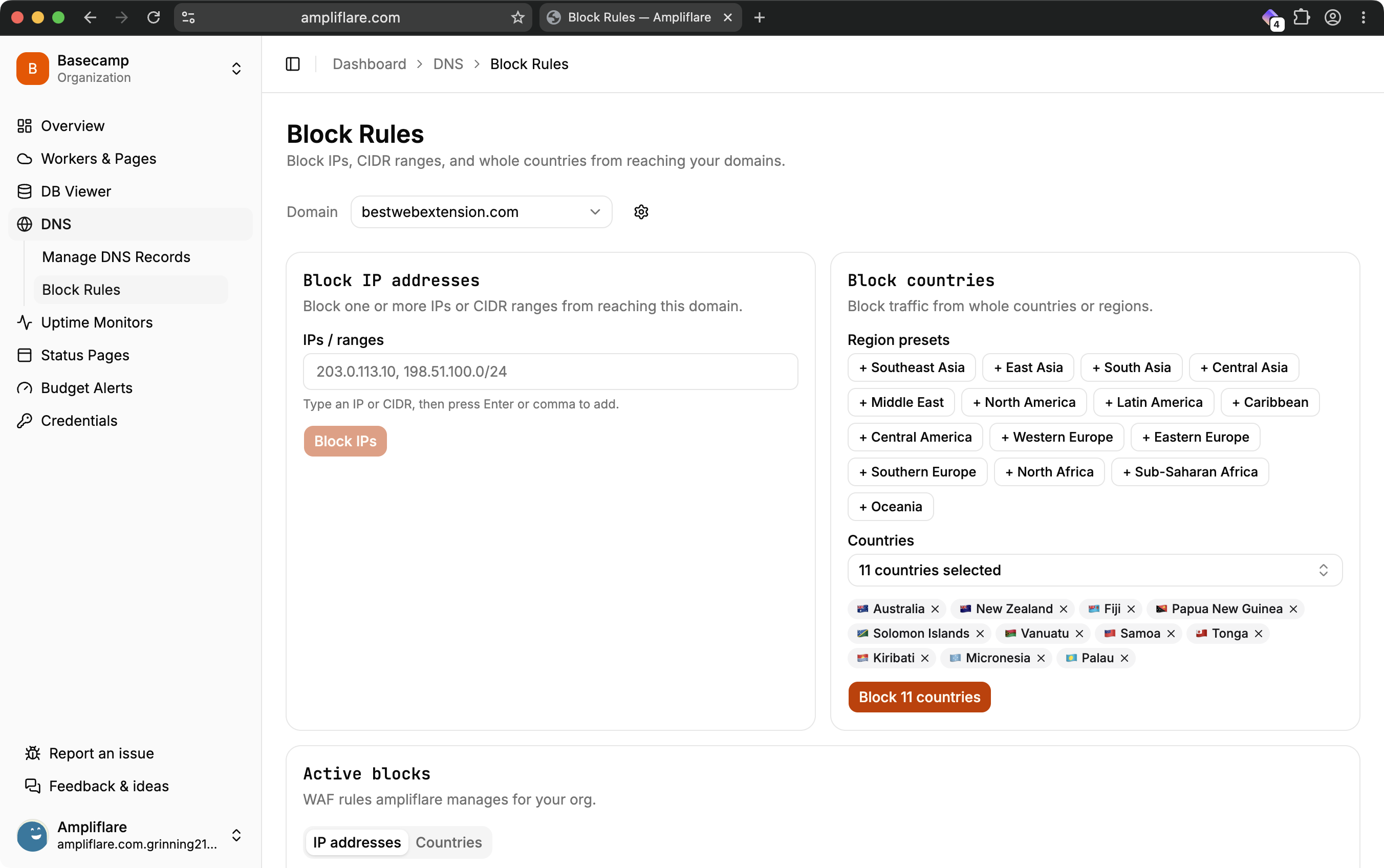 The Block Rules screen, with IP blocking on the left and region presets like Southeast Asia plus per-country selection on the right