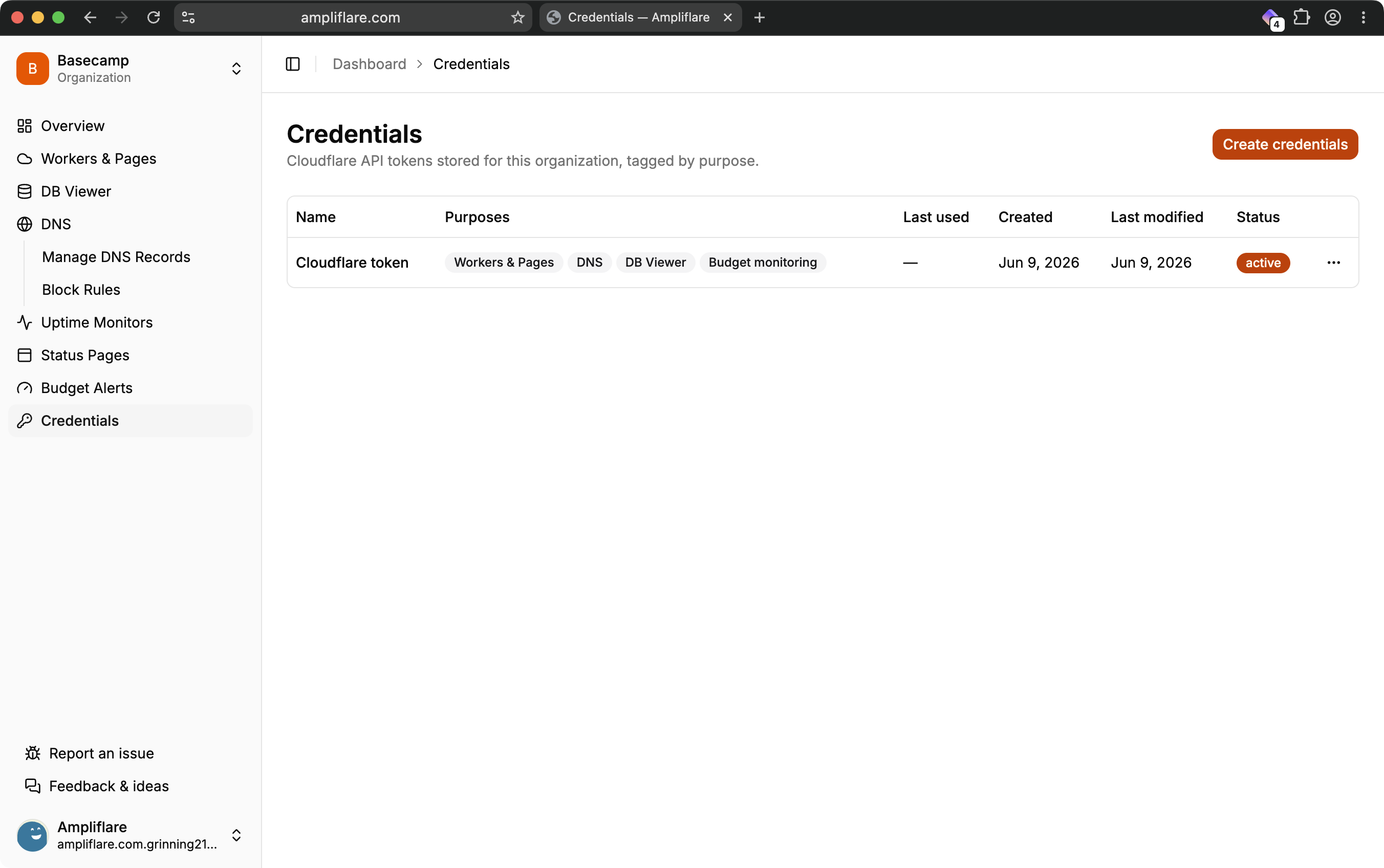 The Credentials page listing each stored token with its purposes, created and last-modified dates, and status