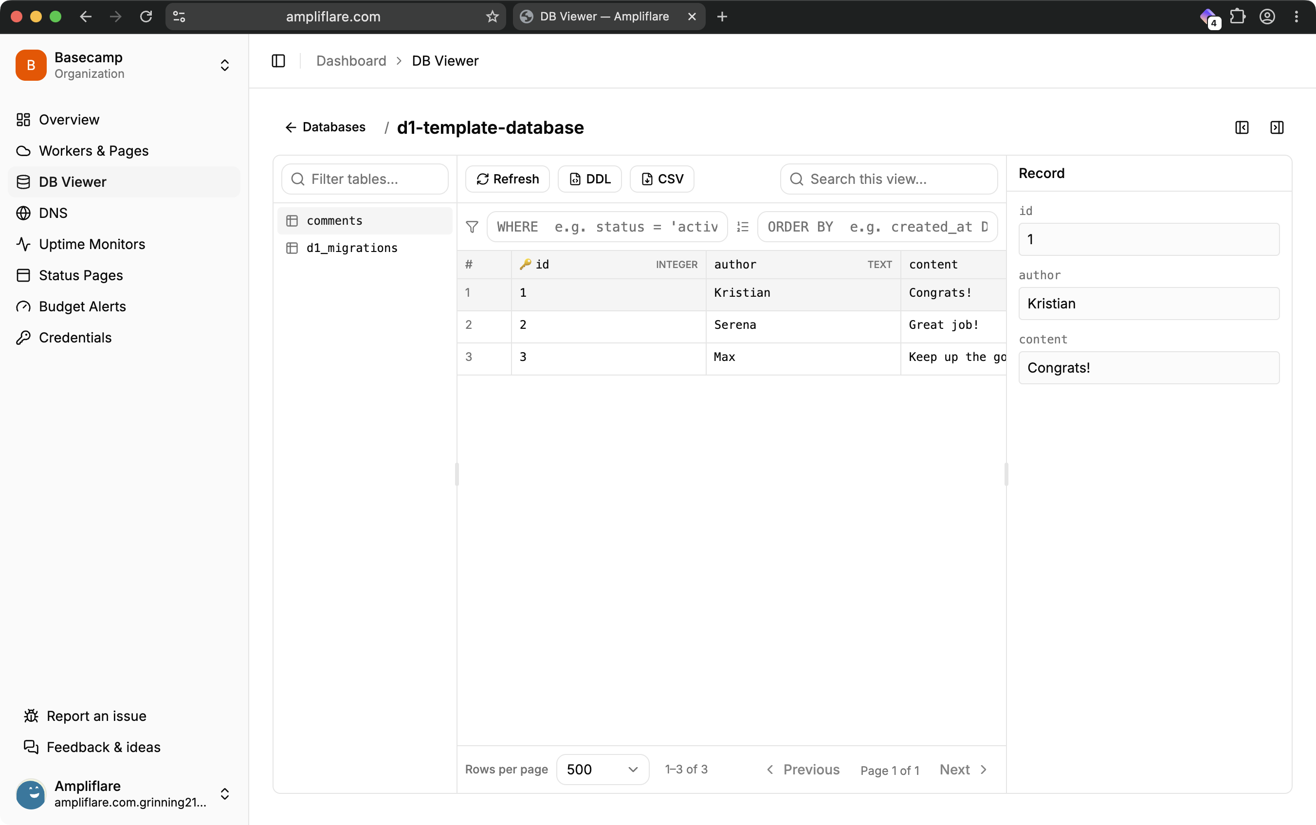 Browsing a table in the DB Viewer, with a WHERE/ORDER BY query bar, the row grid, and a record detail panel on the right