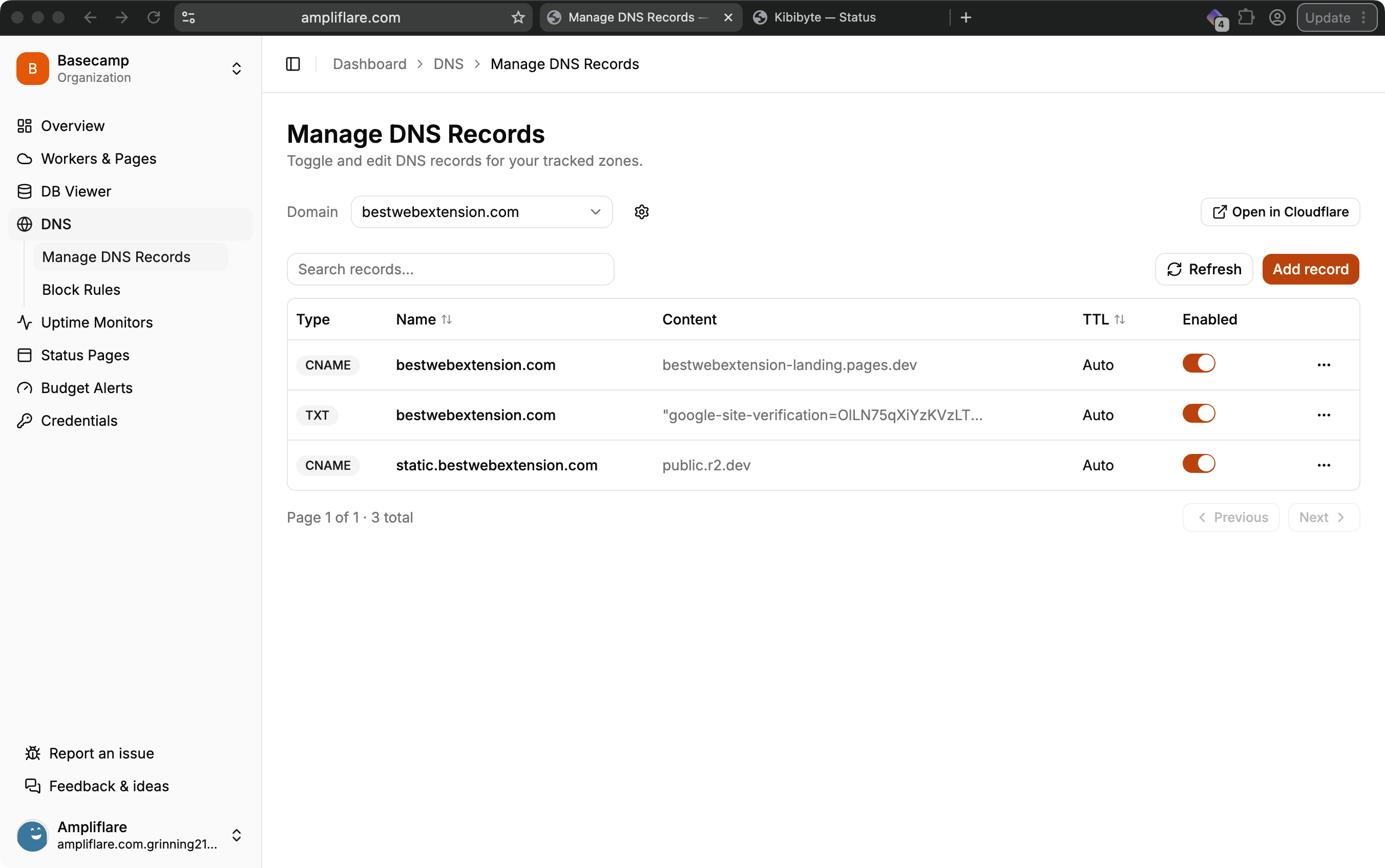 The Manage DNS Records table, with each record's enabled toggle and inline edit controls