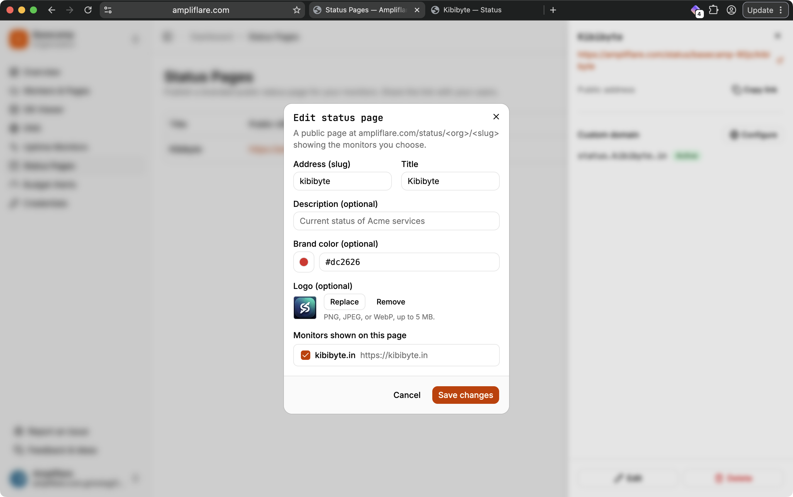 The status page editor, with fields for the slug, title, description, brand colour and logo, and a checklist of monitors to show