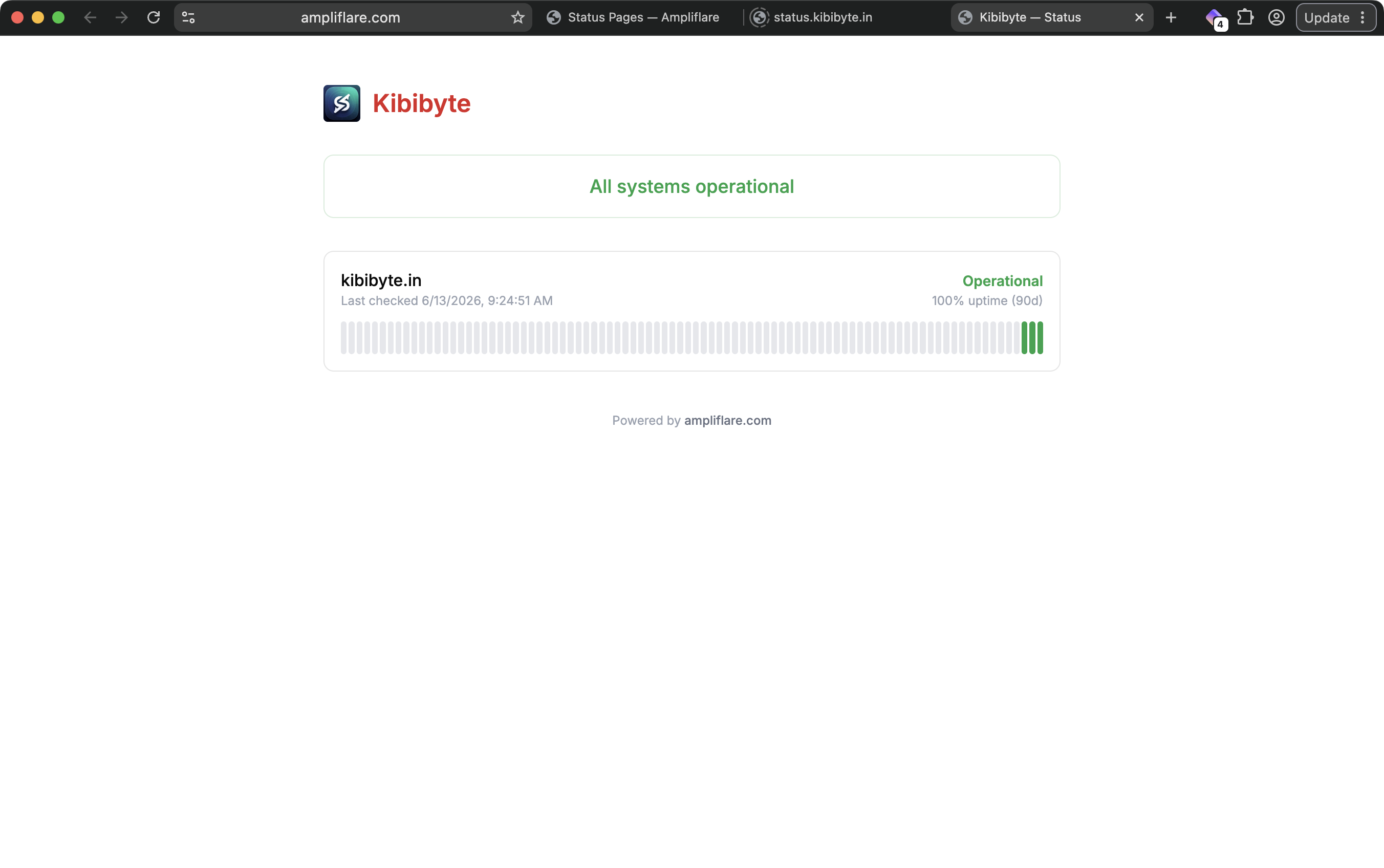 A published status page on a custom domain, showing the branded logo, an "All systems operational" banner, and per-component uptime