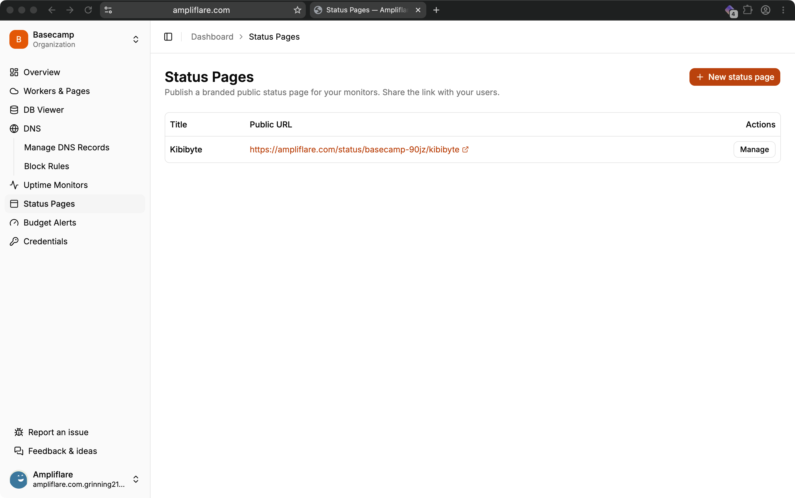 The Status Pages dashboard listing each published page with its public URL and a Manage action