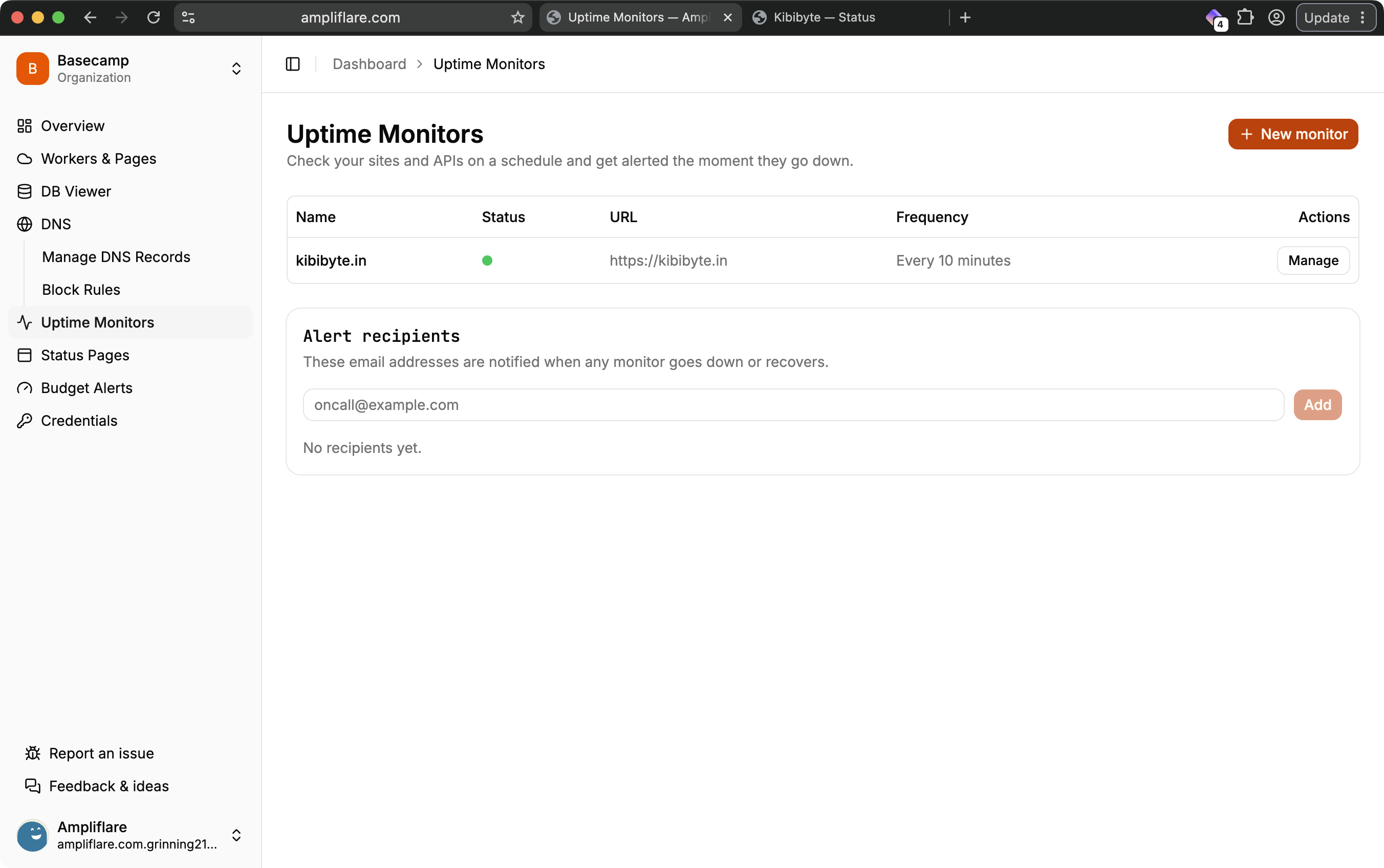 The Uptime Monitors list showing each monitor's status, URL, and check frequency, with alert recipients below